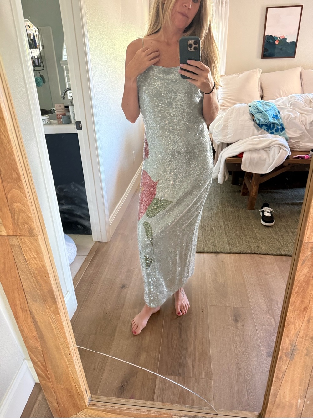 FARM Rio Silver Sequin Midi Dress with Pink and Green Floral
